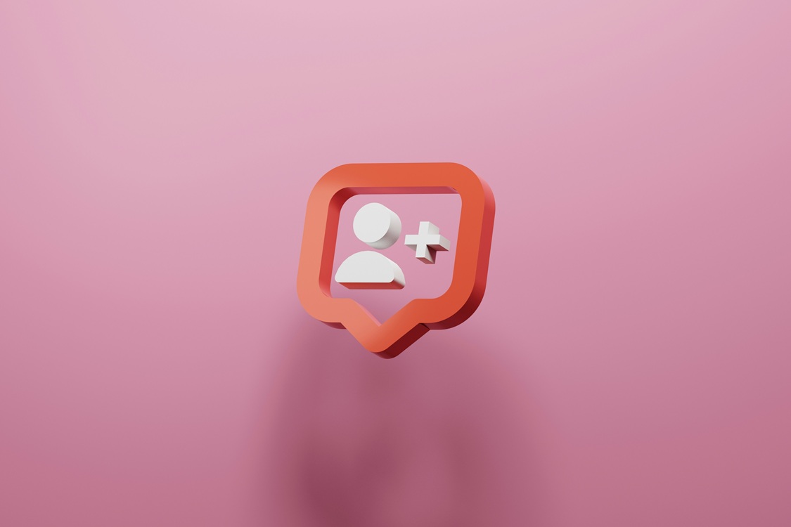 3D red social media notification icon with a white user silhouette and a plus sign on a pink background.