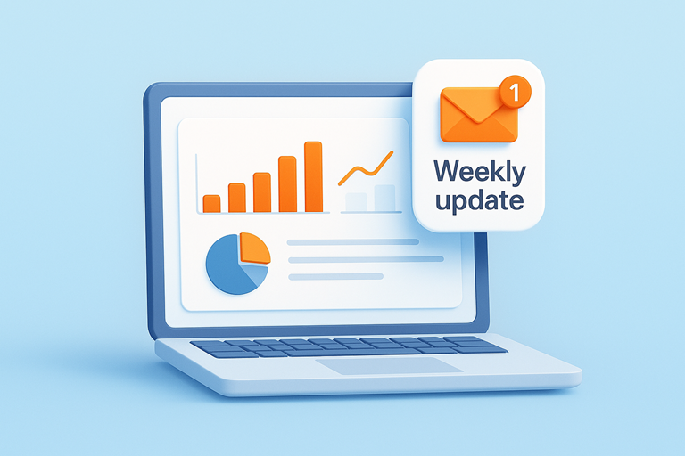 Illustration of a laptop displaying charts and graphs with a notification bubble showing one new email and the text 'Weekly update'.