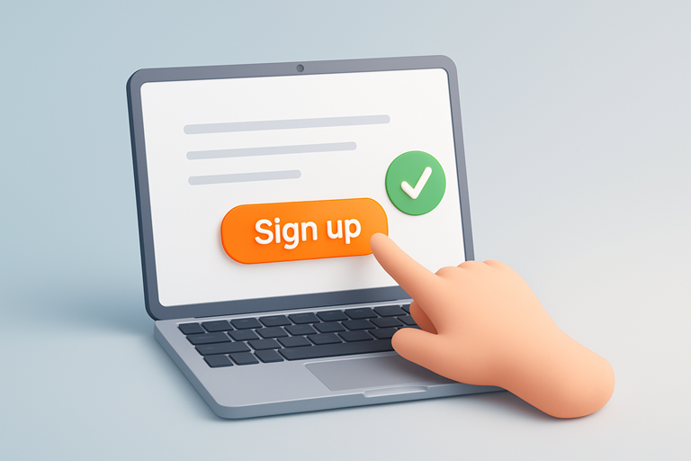 3D illustration of a hand pointing to an orange Sign up button on a laptop screen with a green checkmark.