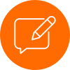 White pencil writing inside a speech bubble on an orange circular background.