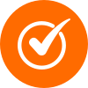 White check mark inside a white circle on an orange background.