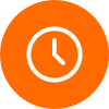 White clock icon showing 10:10 on an orange circular background.