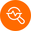 Magnifying glass with a heartbeat line inside, symbolizing search or SEO analytics, on an orange circular background.