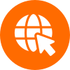 White globe with cursor icon inside an orange circle, representing website or internet access.